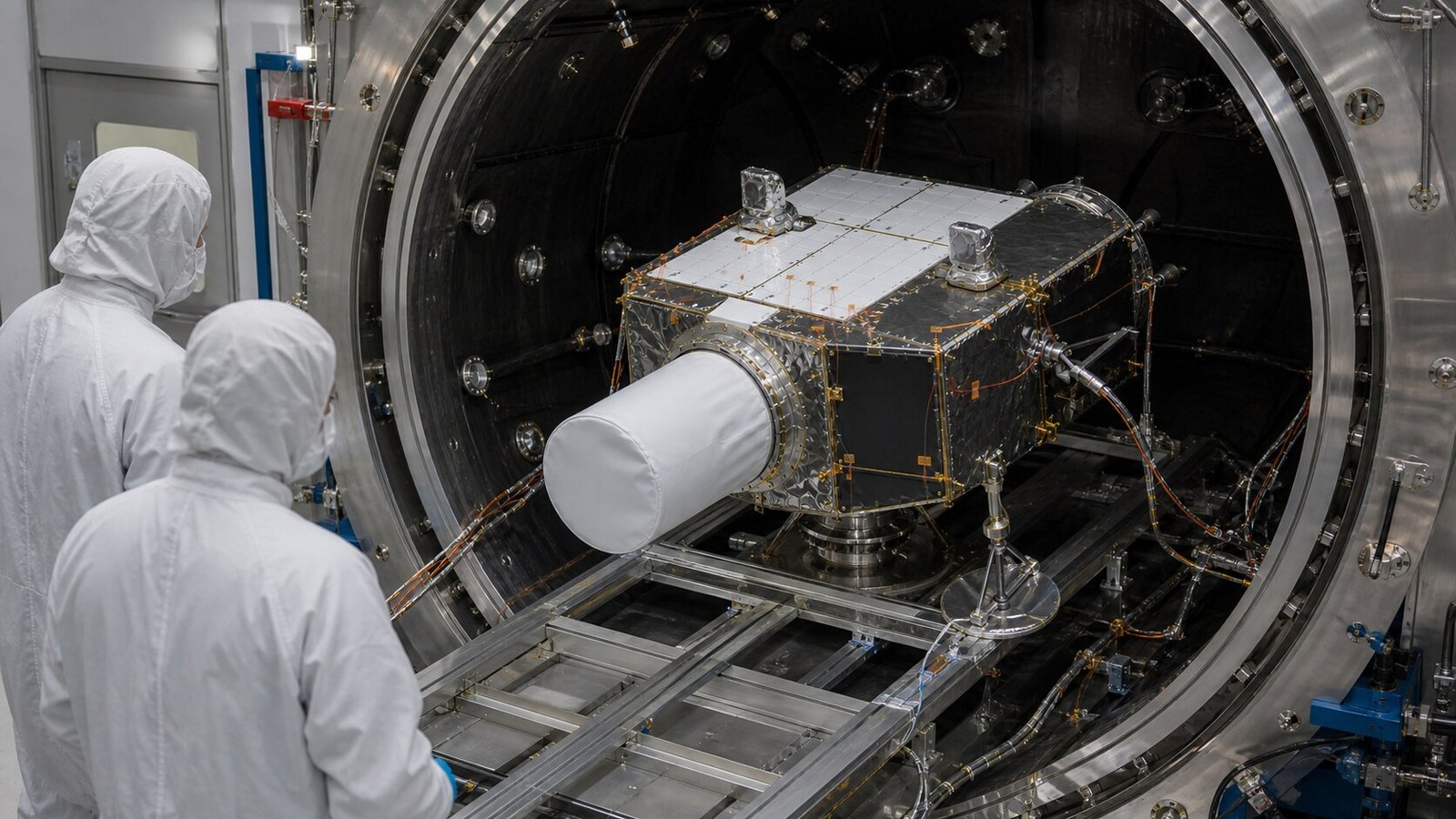 Representative future spacecraft engineering model during environmental test preparation