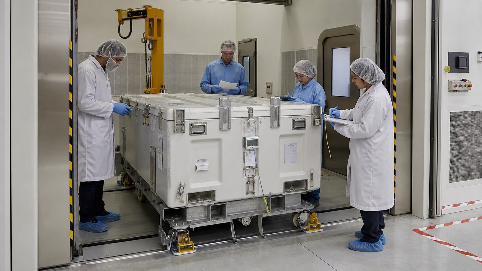 International engineering and logistics team conducting a controlled hardware handover