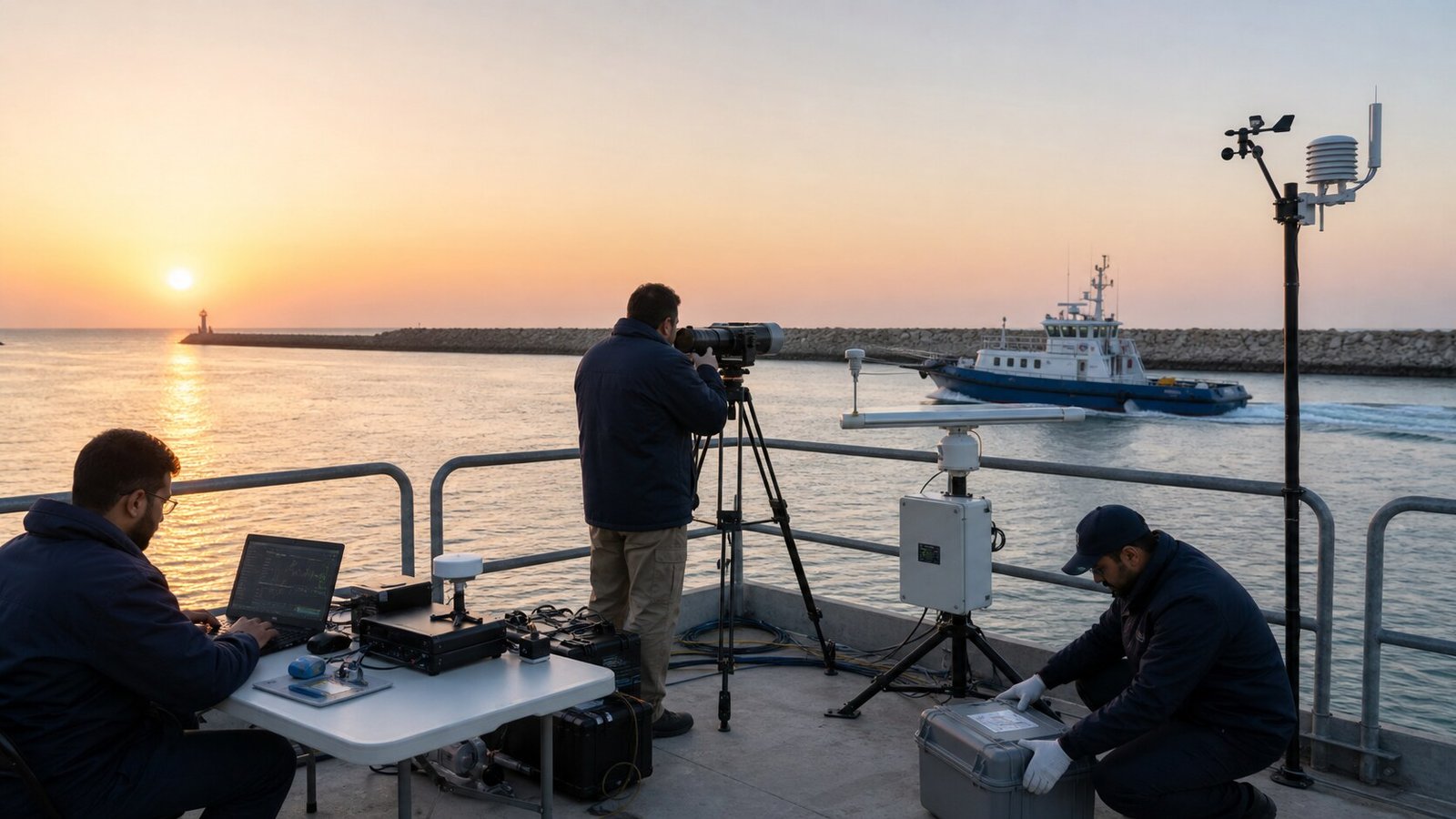Representative shoreline setup with a camera, weather station, powered-down marine radar and vessel in view