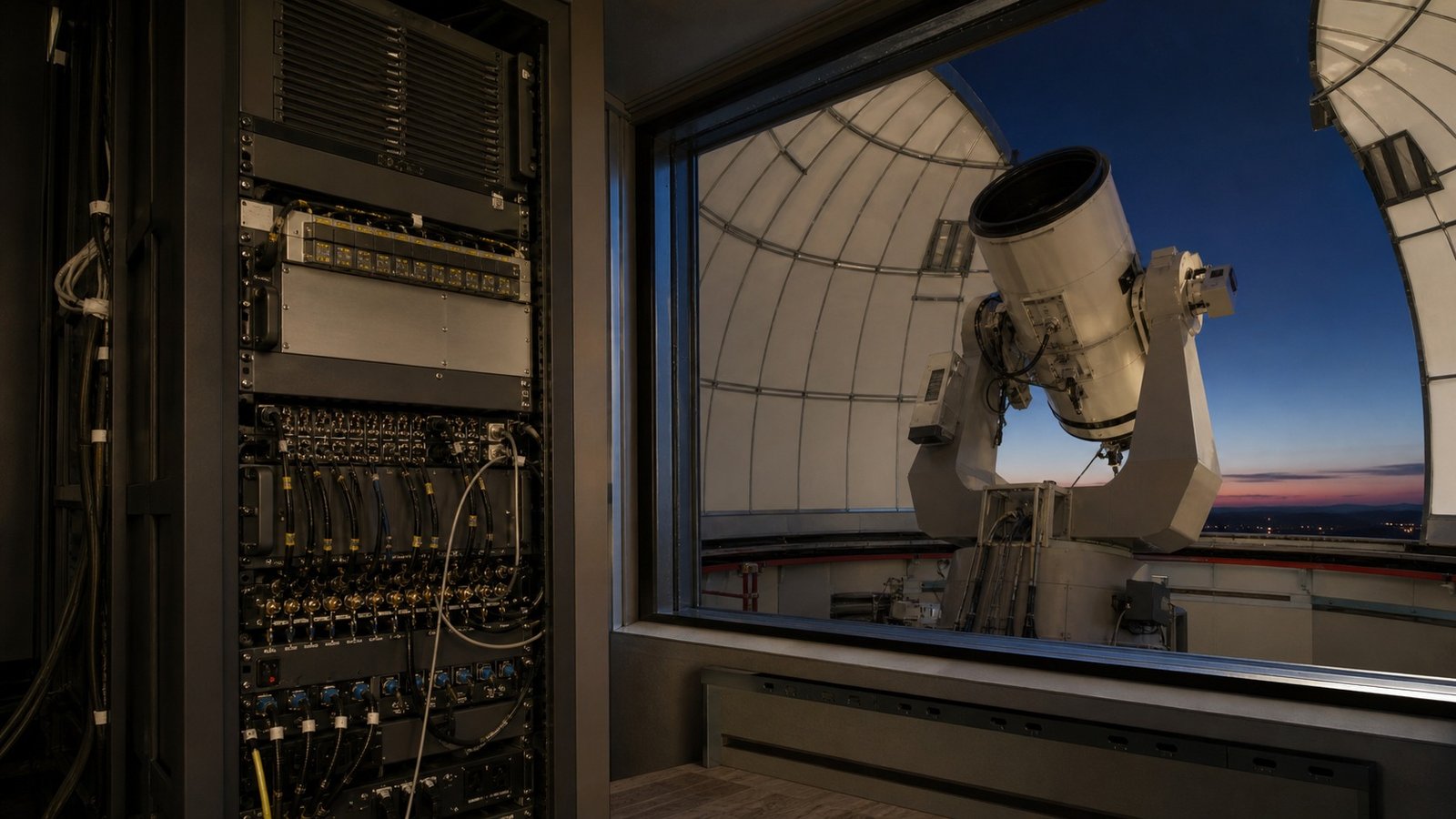 Representative observatory timing rack and telescope control room during pre-session preparation