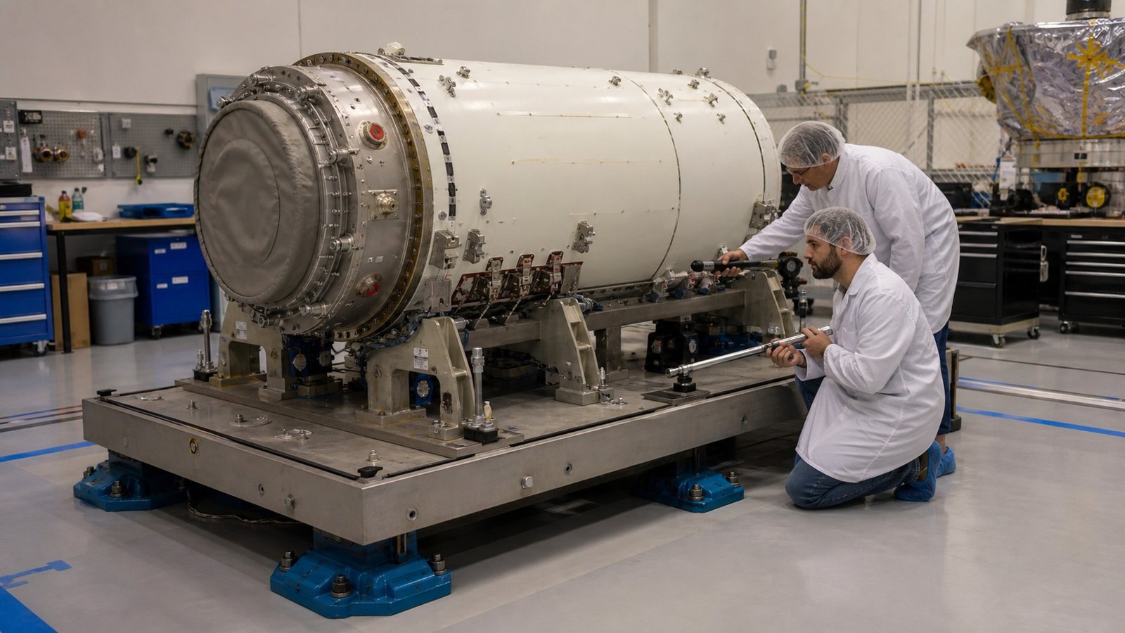 Engineers measuring non-flight interface hardware fully supported on a rigid inspection fixture
