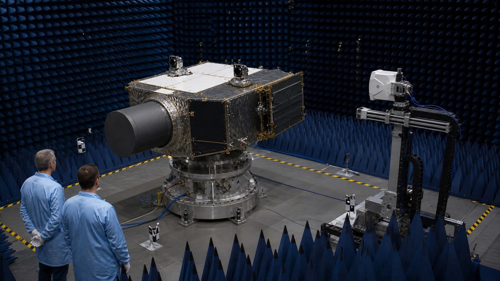Representative spacecraft model in an anechoic chamber during powered-down test preparation