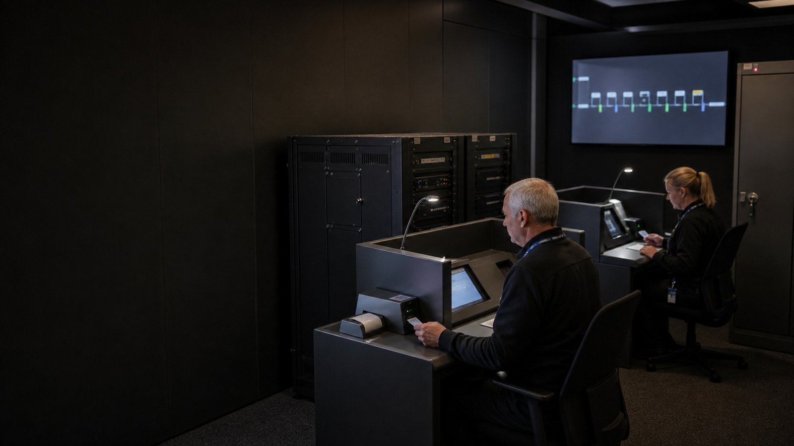 Two authorised operators at separated approval stations during a representative dual-control rehearsal