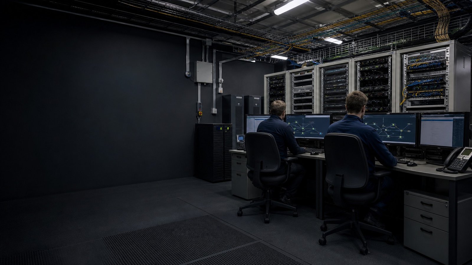 Two operators rehearsing continuity and failover in a representative hardened mission node