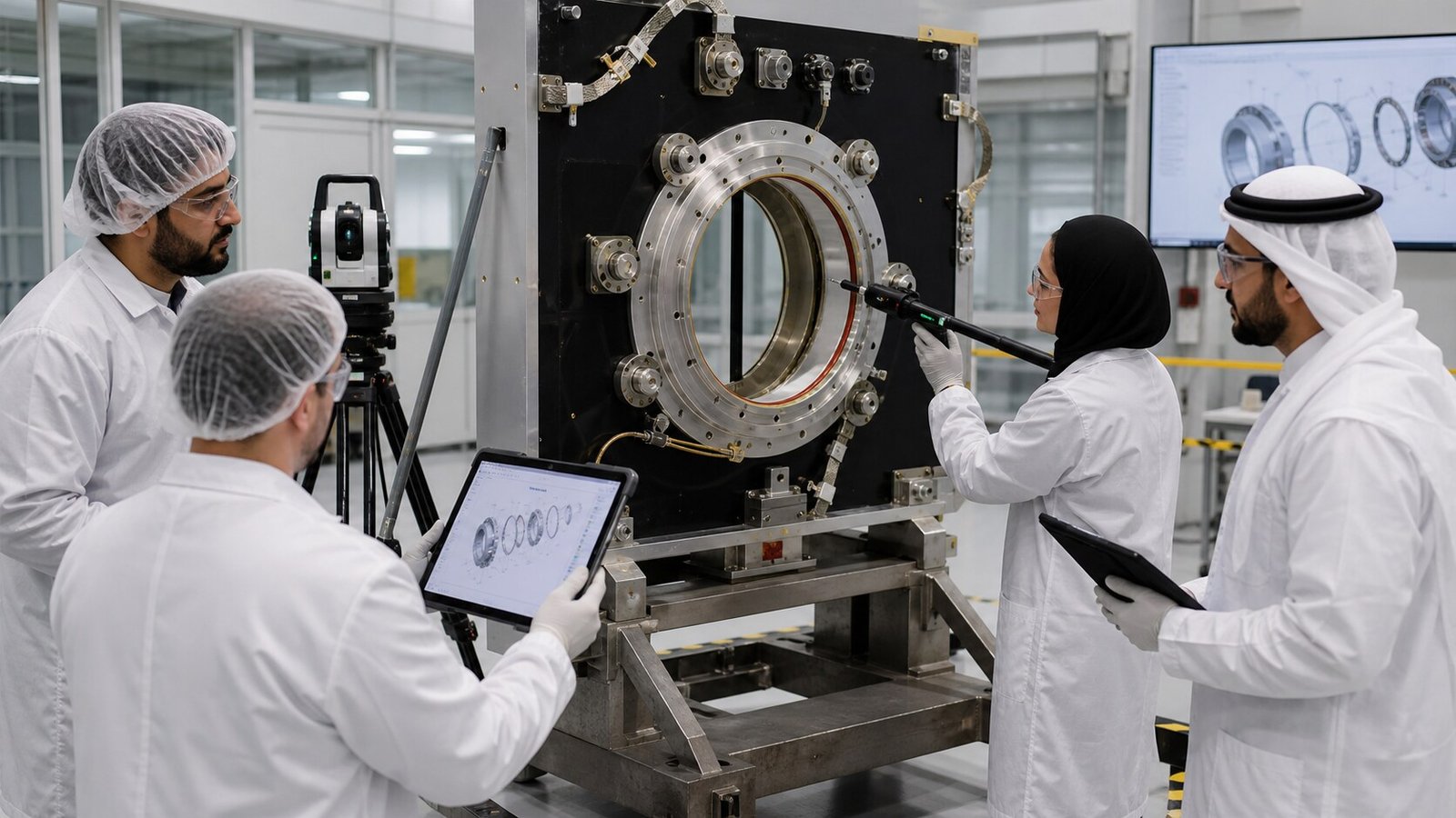 Representative team using metrology equipment to review a payload interface